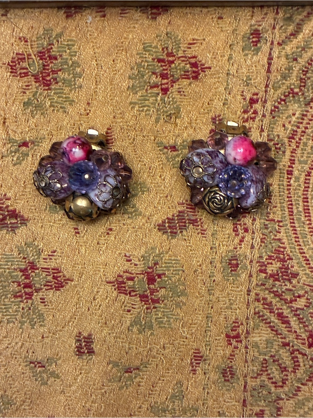 Vintage-Inspired Purple and Pink Floral Cluster Clip-On Earrings